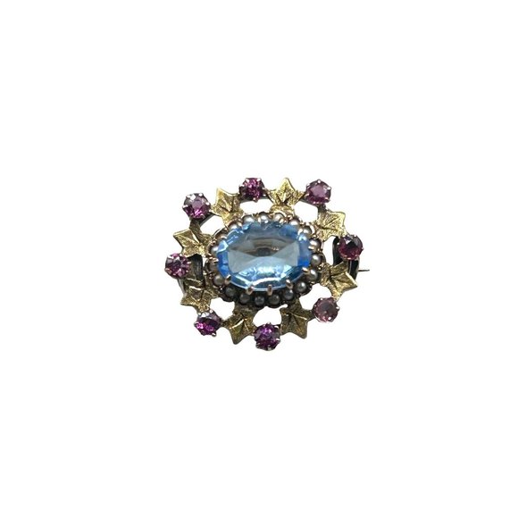 Antique 14K Gold Petite Pin Pink & Blue Stones Textured Gold Leaves Oval Shaped